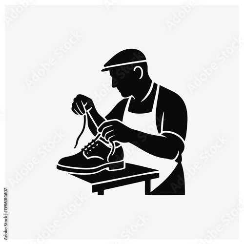 Black silhouette illustration of a shoemaker working on a shoe, ready for search results.