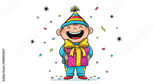 Happy cartoon boy celebrating with a colorful birthday gift.