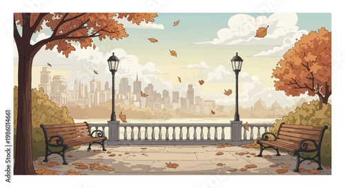 A peaceful autumn park promenade overlooks a scenic city skyline.