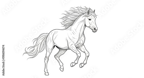 Graceful white horse galloping with flowing mane and tail, isolated on white.