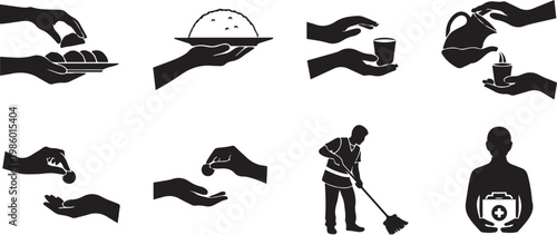 Black Silhouette Vector Icons Set of Hospitality and Charity: Hands Serving Food, Pouring Tea, Giving Donations, Janitor Cleaning, and Volunteer Support Concepts for Community Service and Welfare.