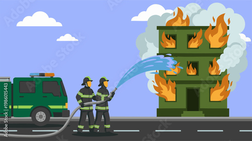 Firefighters extinguishing a blazing building with water from a hose