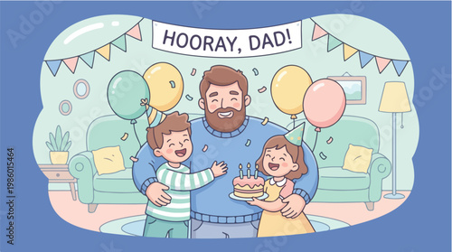 Happy Father's Day Celebration Dad with Kids and Cake Balloons and Banner Hooray Dad Family Bonding Joyful Moment