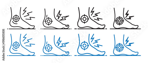 Human Foot Pain Icons Set. with Ankle, Heel, and Arch Discomfort in Minimal Line Art Style.