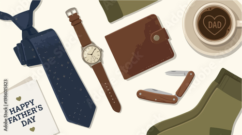Happy Father's Day Gift Ideas Flat Lay Composition Featuring Tie Watch Wallet Pocket Knife Coffee and Socks for a Special Dad Celebration