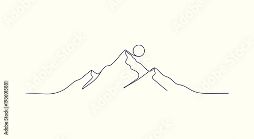 Minimalist Continuous Line Drawing of Mountain Range with Sun at Peak on Beige Background Vector