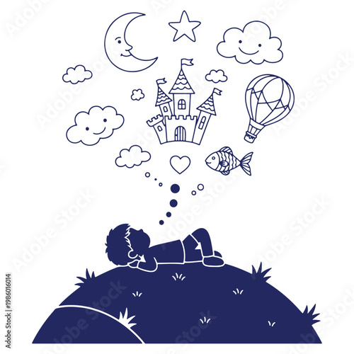 Child dreams of adventure and fantasy with castle fish air balloon moon and stars graphic illustration