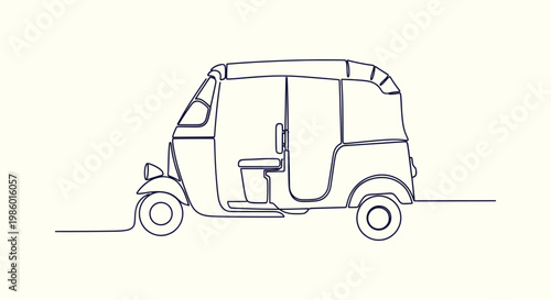 Continuous Line Art Drawing of a Traditional Asian Auto Rickshaw Tuk Tuk for Travel and Transport