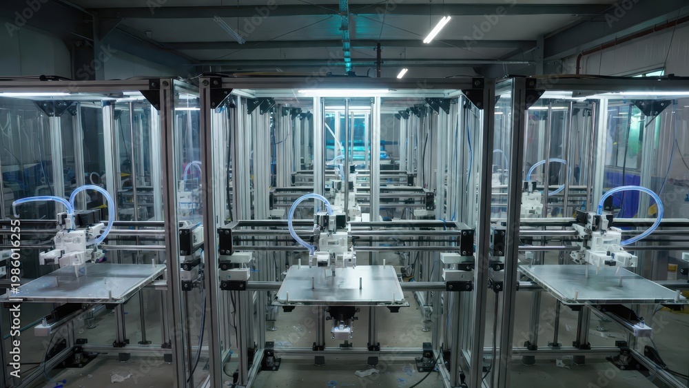 Fototapeta premium Advanced Manufacturing Facility with Multiple 3D Printers Operating