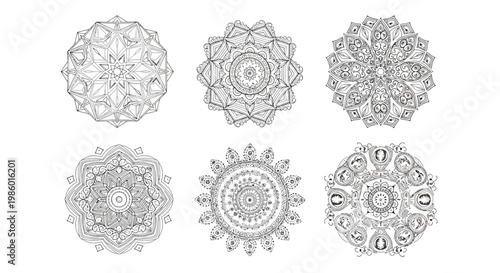 Ornate geometric mandala pattern set intricate symmetrical decorative circular designs for creative projects.