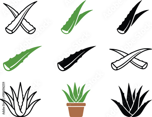 Set of aloe vera icons and illustrations featuring isolated green and black succulent leaves and a potted plant for cosmetic and medicinal design projects, succulent