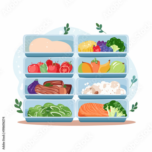 Mehrere Meal-Prep-Behälter sind ordentlich angeordnet und mit frischen, gesunden Speisen gefüllt.