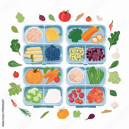 Mehrere Meal-Prep-Behälter sind ordentlich angeordnet und mit frischen, gesunden Speisen gefüllt.