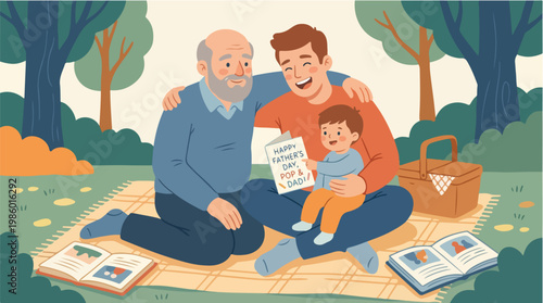 Happy Father's Day Picnic Celebration Three Generations of Men Family Bonding Outdoors with a Card and Books