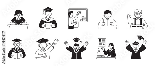 Education and Graduation Line Art Icons. Students Studying, Teachers Instructing, and Graduates Celebrating Academic Achievement.