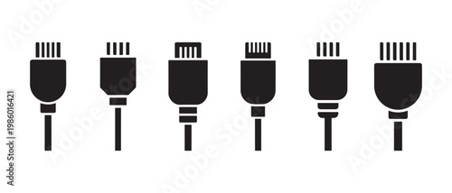 USB Cable Connectors and Plugs Icons. Black Silhouettes on White, Essential for Modern Technology.