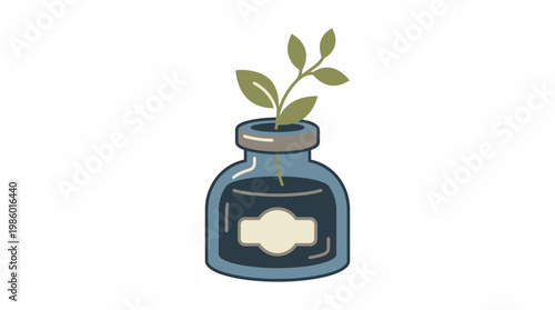 Minimalist illustration of a plant growing out of a repurposed ink bottle, representing nature, sustainability, and innovative ideas