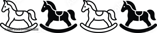 Four stylized rocking horse illustrations in varying artistic styles