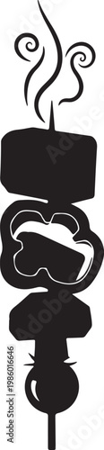 Stylized black silhouette of a sizzling barbecue skewer with meat and pepper, smoke curling upwards, suitable for a food symbol or icon.