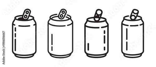 Open Soda Cans Line Art Icon Set. with Pull Tabs Up on White Background, Minimalist Beverage Containers.
