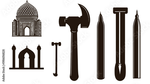 Silhouetted illustration with architectural structures and construction tools