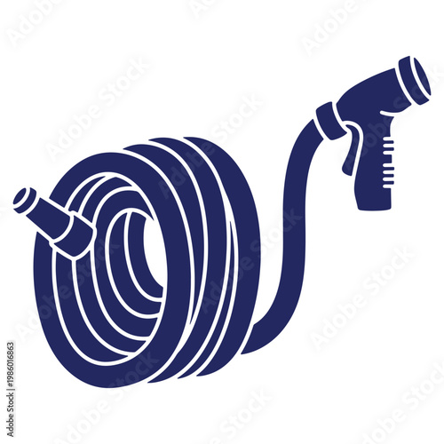 Navy Blue Garden Hose with Spray Nozzle Coiled and Ready for Watering Outdoor Plants or Washing Cars on White Background
