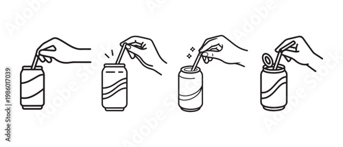 Hand Inserting Straw into Drink Can and Opening Tab, Minimalist Line Art Process Illustration.