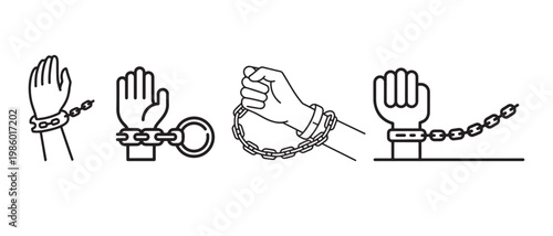Hands in Chains and Shackles Line Art Icons Set. Illustrating Captivity, Restriction, and Freedom Concepts.
