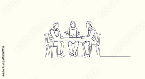 Continuous line art of three business people sitting at table for corporate meeting and teamwork.