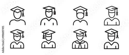 Set of Linear Graduation Icons. Representing Students in Academic Caps for Education and Achievement Concepts.