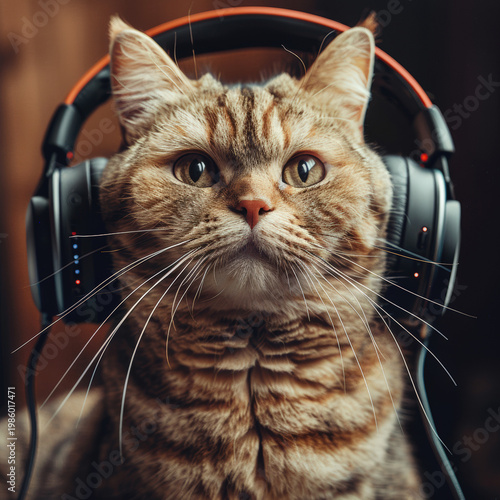 A photo of a cat wearing headphones, looking at us against a dark background, symbolizing emotions and lifestyle. Perfect for advertising and marketing campaigns