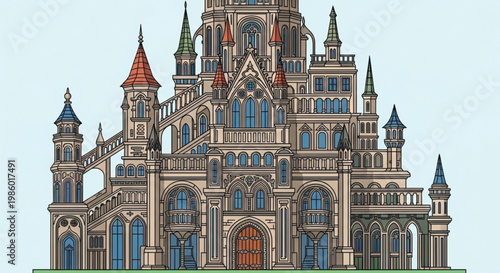 Highly Detailed Gothic Style Fairy Tale Castle Vector Illustration, Majestic Medieval Fantasy Palace with Intricate Architecture, Symmetrical Fortress for Vesak Festival Decoration and Design.