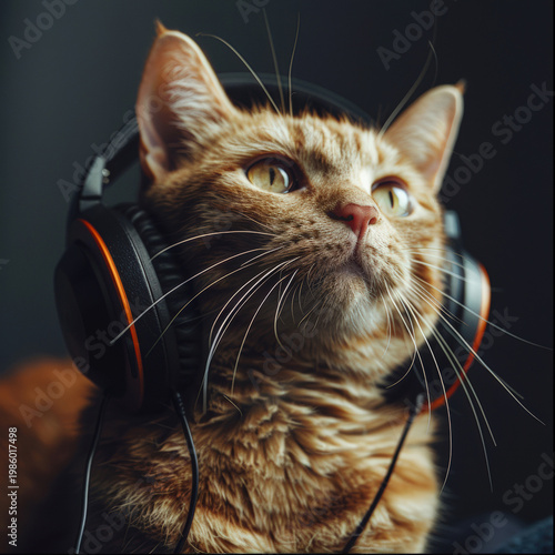 A photo of a cat wearing headphones against a dark background, symbolizing emotions, lifestyle, and branding. Perfect for advertising, marketing campaigns, and commercial design
