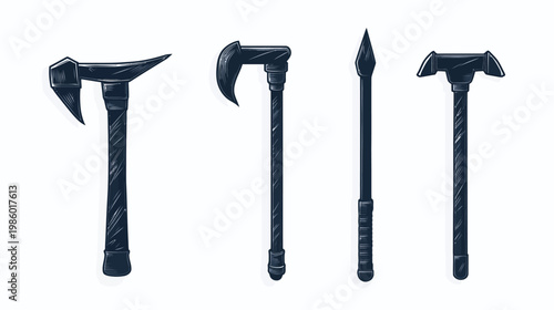 Digitally drawn illustrations of different archaic weapon concepts. Weapons in charcoal-like finish