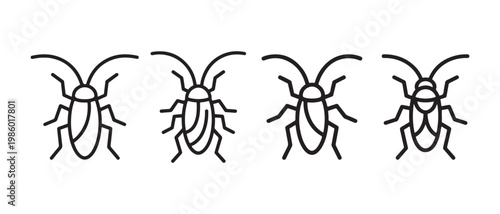 Vector line art of four cockroach icons on a white background, symbolizing pests, hygiene, or entomology.