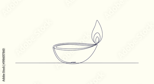 Minimalist single line drawing of an Indian diya oil lamp for Diwali festival celebration vector