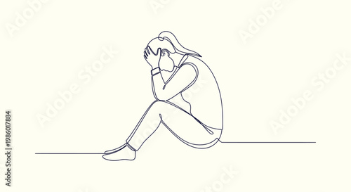 Minimalist line art of a sad woman sitting on the floor with head in hands for mental health concept