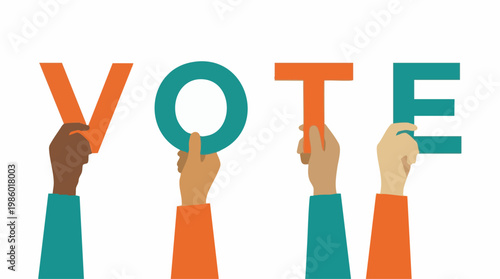 Diverse Hands Holding Letters Spelling VOTE on White Background