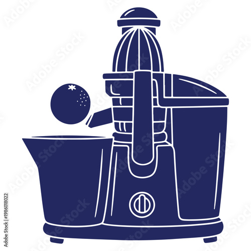 Stylish fruit juicer illustration in bold color showing healthy eating and fresh juice preparation with an orange