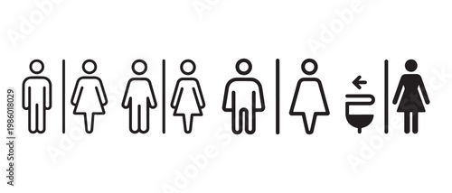 Outline Restroom Icons. and Gender Symbols on White Background, Illustrating Public Toilet and Washroom Navigation.