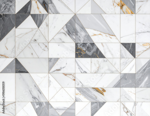 Cinematic top-down shot of modern geometric inlay marble mosaic interior design decorative art contemporary space aerial view modern aesthetic