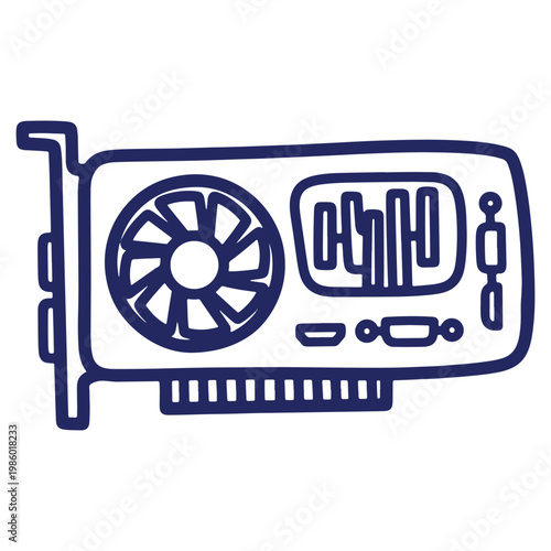 Stylized Graphics Card Illustration with Cooling Fan and Ports for Computer Gaming and High Performance Computing Applications