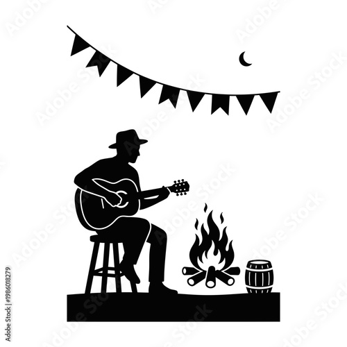 Sao Joao guitar badge with moonlit hill bonfire and bunting