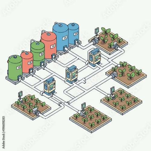 Automated agricultural irrigation system with tanks and pumps.