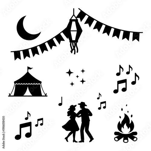 Festa Junina night bunting with lantern moon tent and dancers