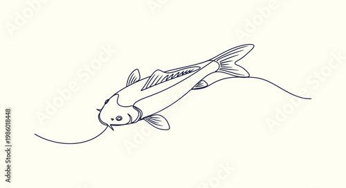 One line art illustration of a Japanese koi carp fish swimming elegantly on a clean background.
