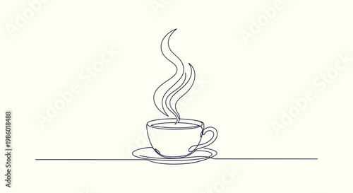 Minimalist Continuous Line Drawing of a Hot Steaming Coffee Cup with Saucer for Cafe Menu Design