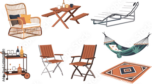 Outdoor Furniture and Patio Icon Set with Rattan Chair, Wooden Table, Sun Lounger, Bar Cart, Folding Chair, Hammock, and Rug Elements for Garden and Lifestyle Designs