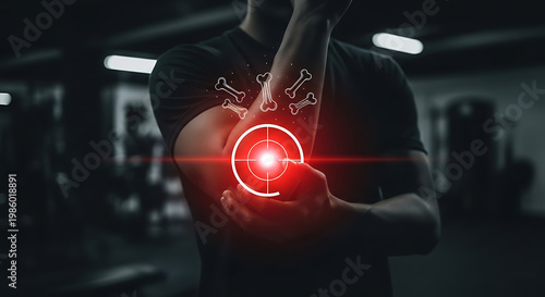 Athlete suffering from elbow joint pain with red glow icon
