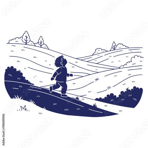 Young child running across a rolling hillside landscape filled with trees and grass looking up to the sky with wonder and amazement